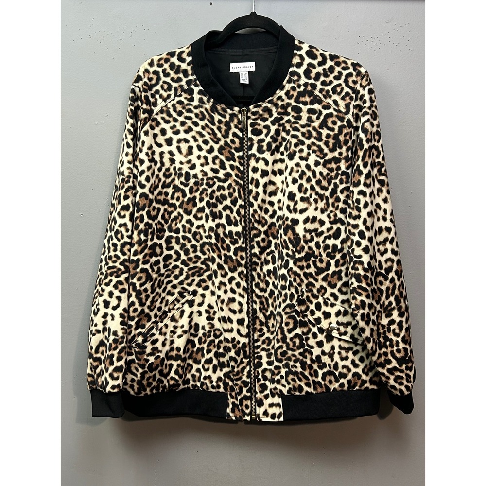 Susan Graver Bomber Jacket Womens 2X Tan Leopard Print Zip Front Animal Pattern - Picture 2 of 9